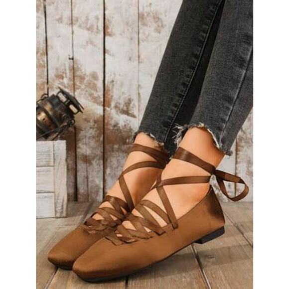 ZARA Lace Up Ballet Flats NWT Ochre Brown Satin Effect Size 7.5 - Picture 9 of 16